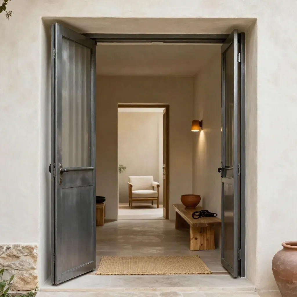 Ingresso accogliente con cancelletto per cani, tappeto tranquillo e poltrona soffusa.