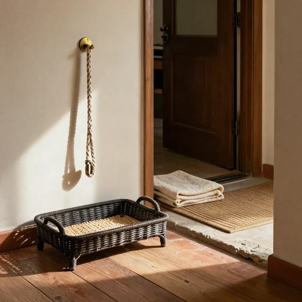 Ingresso di casa con porta-guinzaglio, tappetino e coperta ripiegata, luce calda.