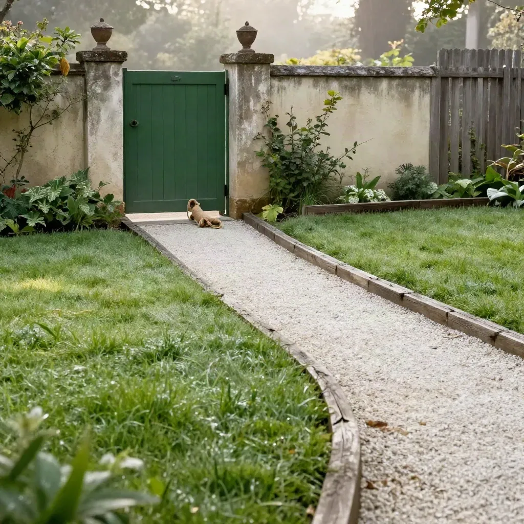 Vialetto in giardino con cancelletto aperto e gioco vicino alla soglia, luce del mattino
