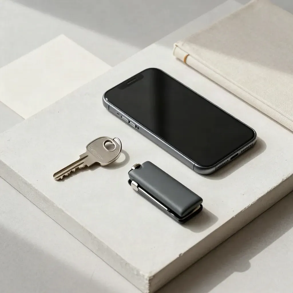 Kit per primo contatto con smartphone, chiave, notebook e clicker su fondo chiaro.