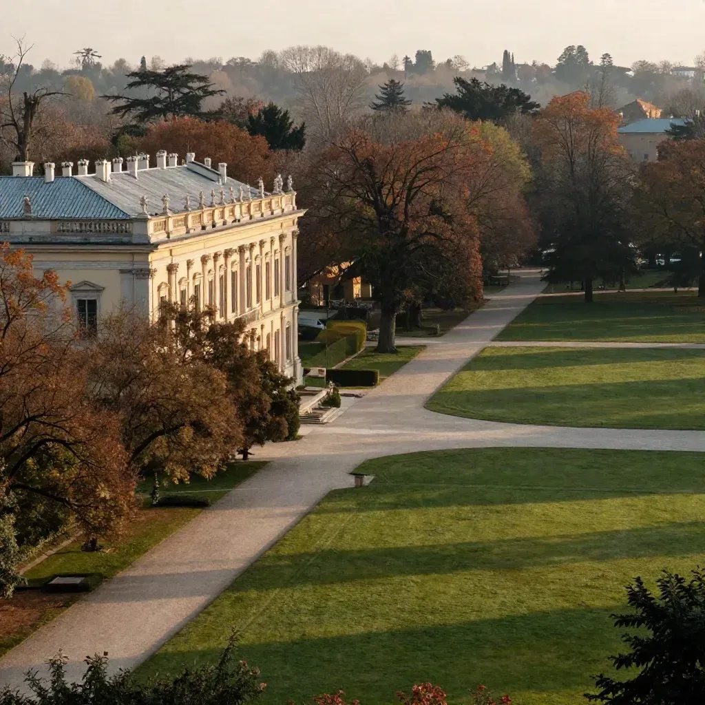Villa Reale a Monza al tramonto, tetto e viale del parco immersi in foschia dorata.