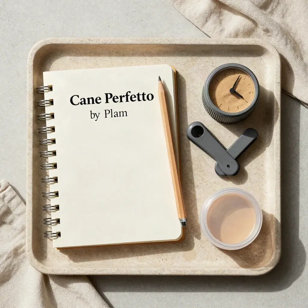Piano di lavoro con notebook, clicker, timer e premio su vassoio di pietra