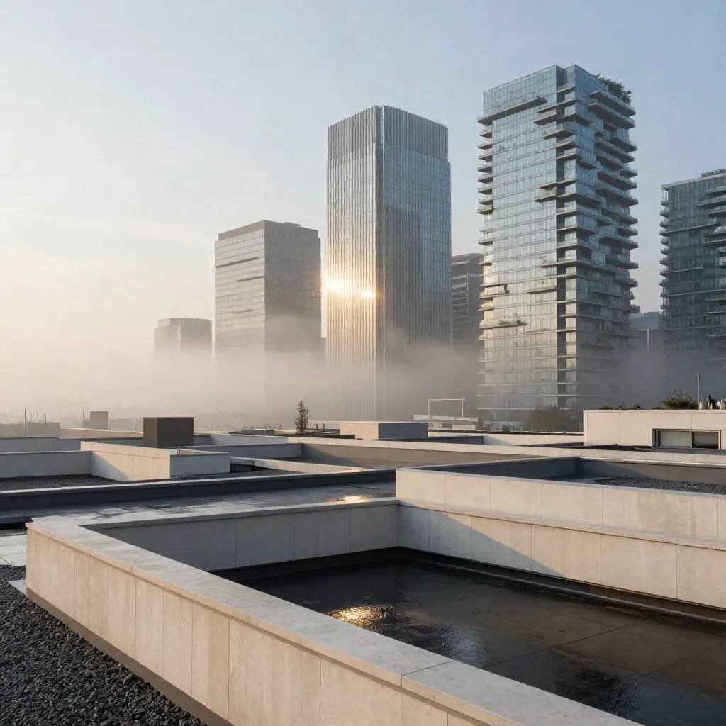 Skyline di Porta Nuova al tramonto con tetti umidi e foschia calda