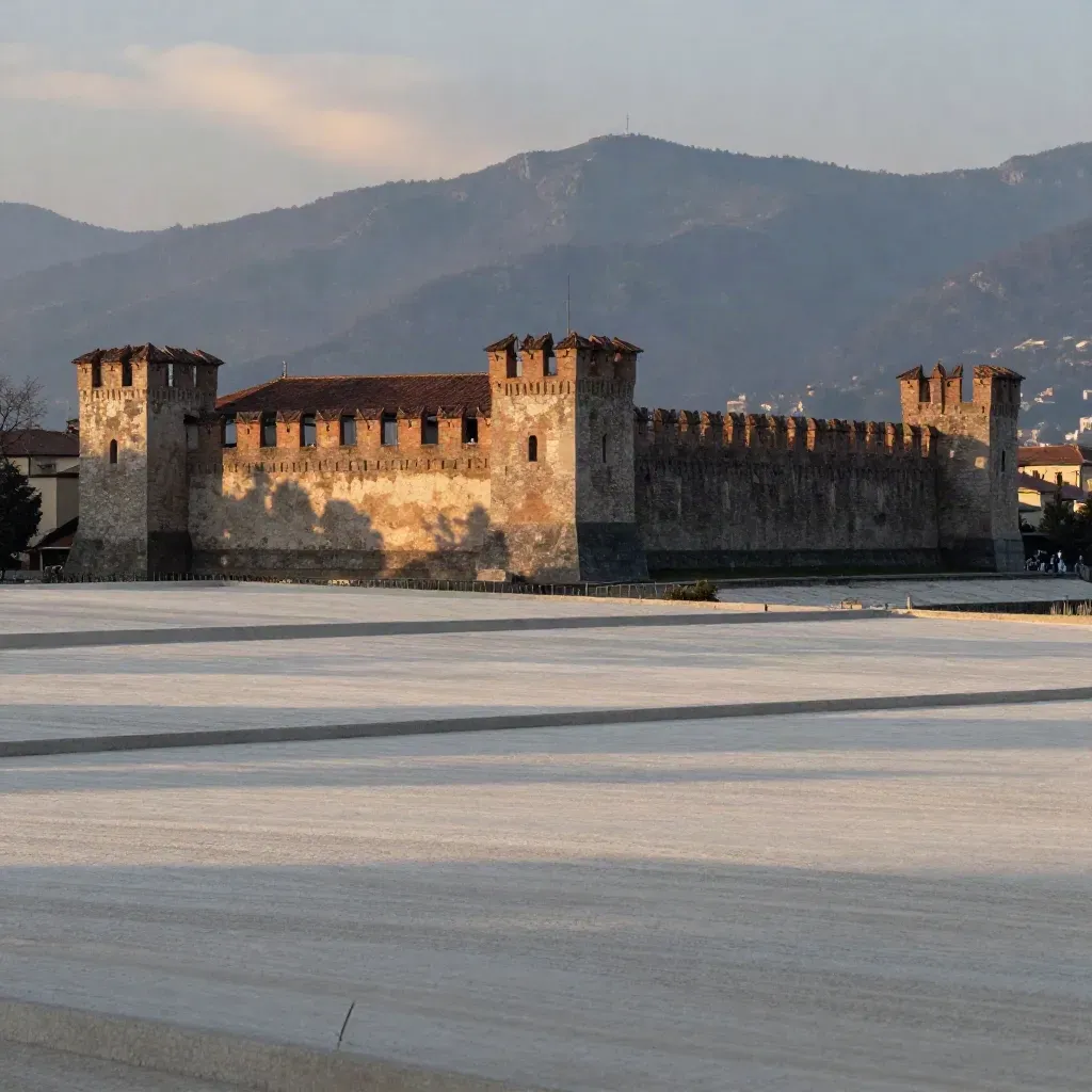 Mura in pietra di Bergamo Alta con la cresta lontana di Brescia al tramonto